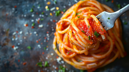 Spaghetti on Fork with Tomato Sauce and Parsley - obrazy, fototapety, plakaty