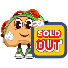 cute taco mascot character giving thumbs up next to board saying sold out, isolated cartoon vector illustration. emoticon, cute taco mascot