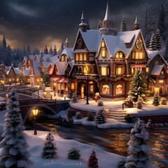 Winter village with houses and trees in the snow, 3d illustration