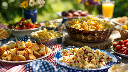 A family picnic on a sunny 4th of July with a spread of traditional American food.