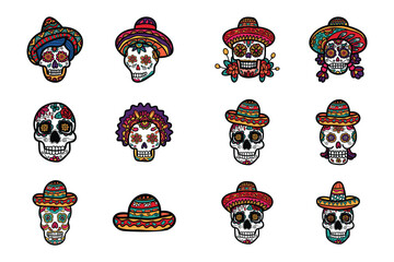 calavera mexican skull hand drawn illustration on background set