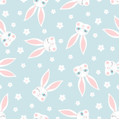 Cartoon rabbit head and flowers. Seamless pattern in Scandinavian style. Easter theme. For the design of Easter cards, congratulations, backgrounds, wallpaper, fabric, scrapbooking, etc. Vector