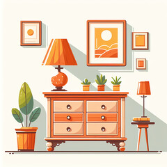 A picture of a dresser with a lamp on top