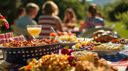 A family picnic on a sunny 4th of July with a spread of traditional American food.