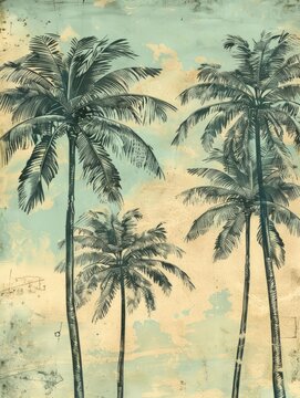 A painting depicting three palm trees standing tall against a vibrant blue sky