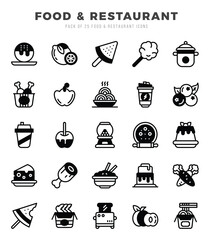 Set of 25 Food and Restaurant Lineal Filled Icons Pack.
