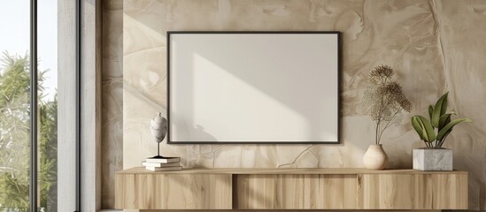 Mockup of a horizontal picture frame displayed on a wall, serving as an artwork template within an interior design setting.