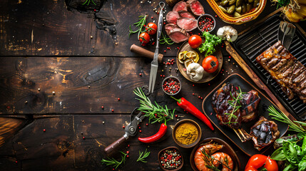 A festive summer BBQ flat lay with grilling tools various meats vegetables and spices on a dark wooden plank background. - obrazy, fototapety, plakaty