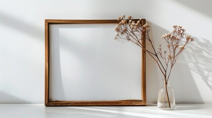 serene simplicity: empty wooden frame with glass vase and flowers on a pristine white setting - obrazy, fototapety, plakaty
