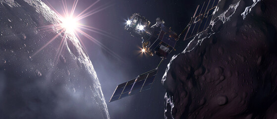 Space probe equipped with cameras and instruments explores asteroid, floating in deep space.