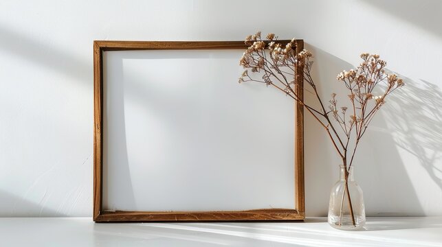 serene simplicity: empty wooden frame with glass vase and flowers on a pristine white setting