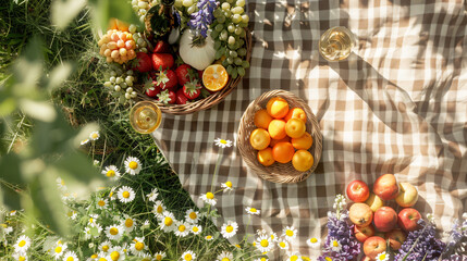 A flat lay capturing the essence of a summer picnic with a checkered blanket a basket of fresh fruits a bottle of rosé and a bouquet of wildflowers.