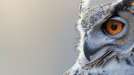 Close-up of an owl's head, highlighting its orange eye.