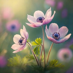 pink flowers of anemones grow outdoors in sunny day