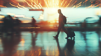 Traveler walking in airport with motion blur effect. - obrazy, fototapety, plakaty