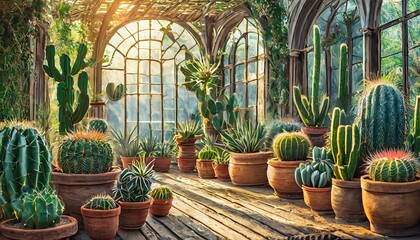 Many cacti flowers in pots in the house with arch windows. - obrazy, fototapety, plakaty