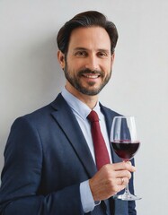 man in suit smiling and holding glass of red wine