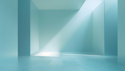Obraz premium Minimal abstract light blue background for product presentation. Shadow and light from windows on plaster wall.