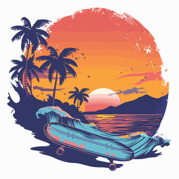 A red skateboard is on a wave in the ocean. The image has a tropical vibe with palm trees in the background