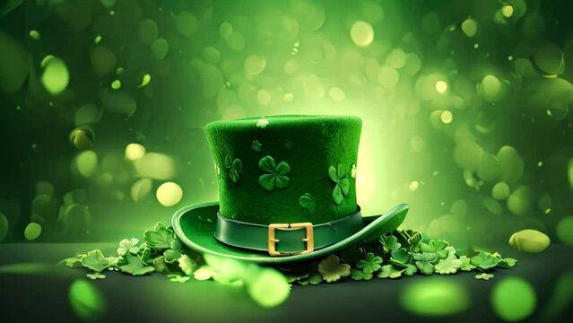 A photo capturing a green hat embellished with shamrock leaves, designed for festive celebrations on St Patricks Day, St, Patrick's Day background featuring a leprechaun hat and clover, AI Generated