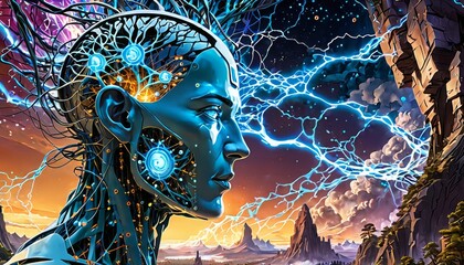 Surreal artwork showcasing an android profile with neural connections against an alien landscape with electric blue skies