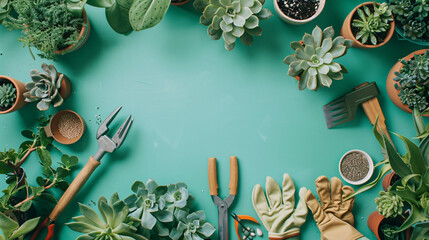 Fototapeta na wymiar A gardening-themed summer flat lay with gardening tools gloves seeds and a variety of succulents on a green background.