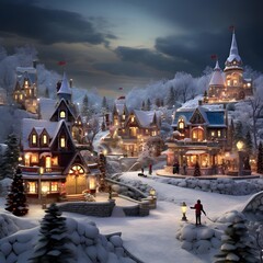 Winter landscape with houses and trees in the snow. 3D rendering