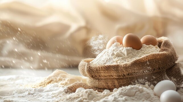 a burlap sack overflowing with flour, intermingled with farm-fresh eggs and buttermilk, symbolizing the abundance and richness of the countryside harvest.