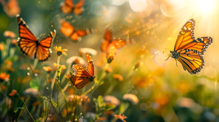 Fototapeta na wymiar Radiant butterflies in sunlit meadow
