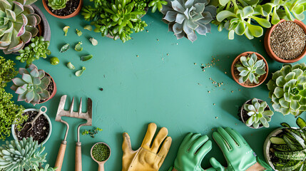 A gardening-themed summer flat lay with gardening tools gloves seeds and a variety of succulents on a green background. - obrazy, fototapety, plakaty