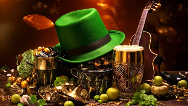 Table With Green Hat and Guitar, A Scene of Musical, St, Patrick's Day composition with green beer, shamrock, leprechaun hat, horseshoe, and musical instruments on a brown background, AI Generated