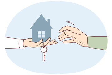 Hand of realtor with key to new apartment stretches model of house to buyer. Concept renting out building or buying your own real estate for investment and capital preservation. Flat vector design
