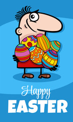 cartoon man with painting Easter egg greeting card design