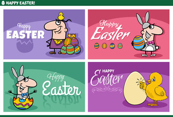 cartoon Easter greeting cards set with people and chicks