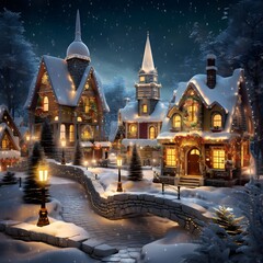 Beautiful winter fairy-tale village in the snow. Digital painting.