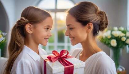 Daughter giving her mother a gift for Mother's Day or birthday