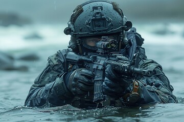 Amidst rain and rolling waves, an amphibious soldier in full tactical gear sights down his rifle, embodying readiness and stealth.