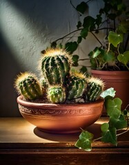 Kaktus rosnący w glinianej donicy. W tle bluszcz. Rośliny w domu