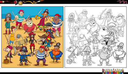 funny pirates characters group coloring page