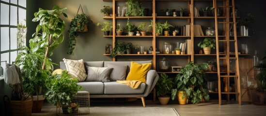 A cozy living room in a real estate building with lots of potted plants on shelves and tables, a...