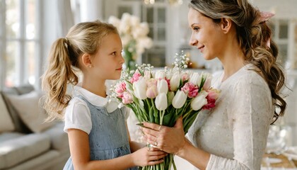Fototapeta na wymiar Córka wręczająca mamie bukiet tulipanów na Dzień Matki