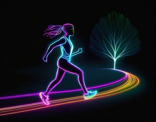 Neonowy rysunek biegnącej kobiety - obrazy, fototapety, plakaty