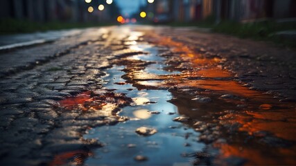 puddles of water after rain on damaged roads.
