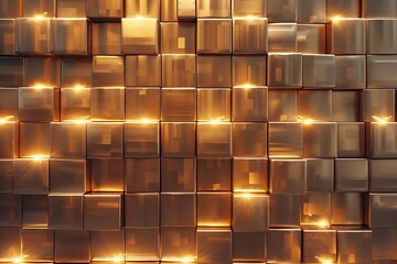 Abstract geometric metallic gold 3d texture wall with squares and square cubes background banner illustration with glowing lights, textured metal  - obrazy, fototapety, plakaty