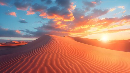 Picturesque desert landscape with a golden sunset over the dunes, Desert sunset, Ai Generated  - obrazy, fototapety, plakaty