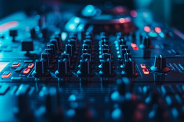 DJ mixer close up, nightlife view of disco club, DJ mixing at night club party, entertainment and...