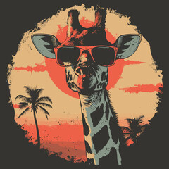 Giraffe in sunglasses on the background of the sunset. Vector illustration
