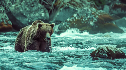 Majestic grizzly bear in river - obrazy, fototapety, plakaty