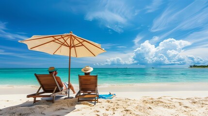 Couple relaxing on deck chairs under an umbrella on a tropical beach. Perfect summer vacation destination.