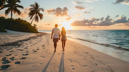 Couple strolls along a sandy beach, enjoying the morning sun in the Maldives. - obrazy, fototapety, plakaty